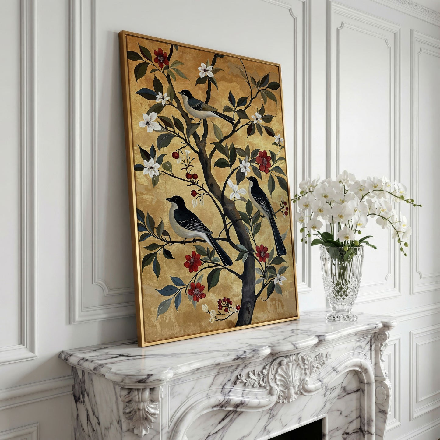 Birds on Blooming Tree Canvas Print in yellow gold floating frame