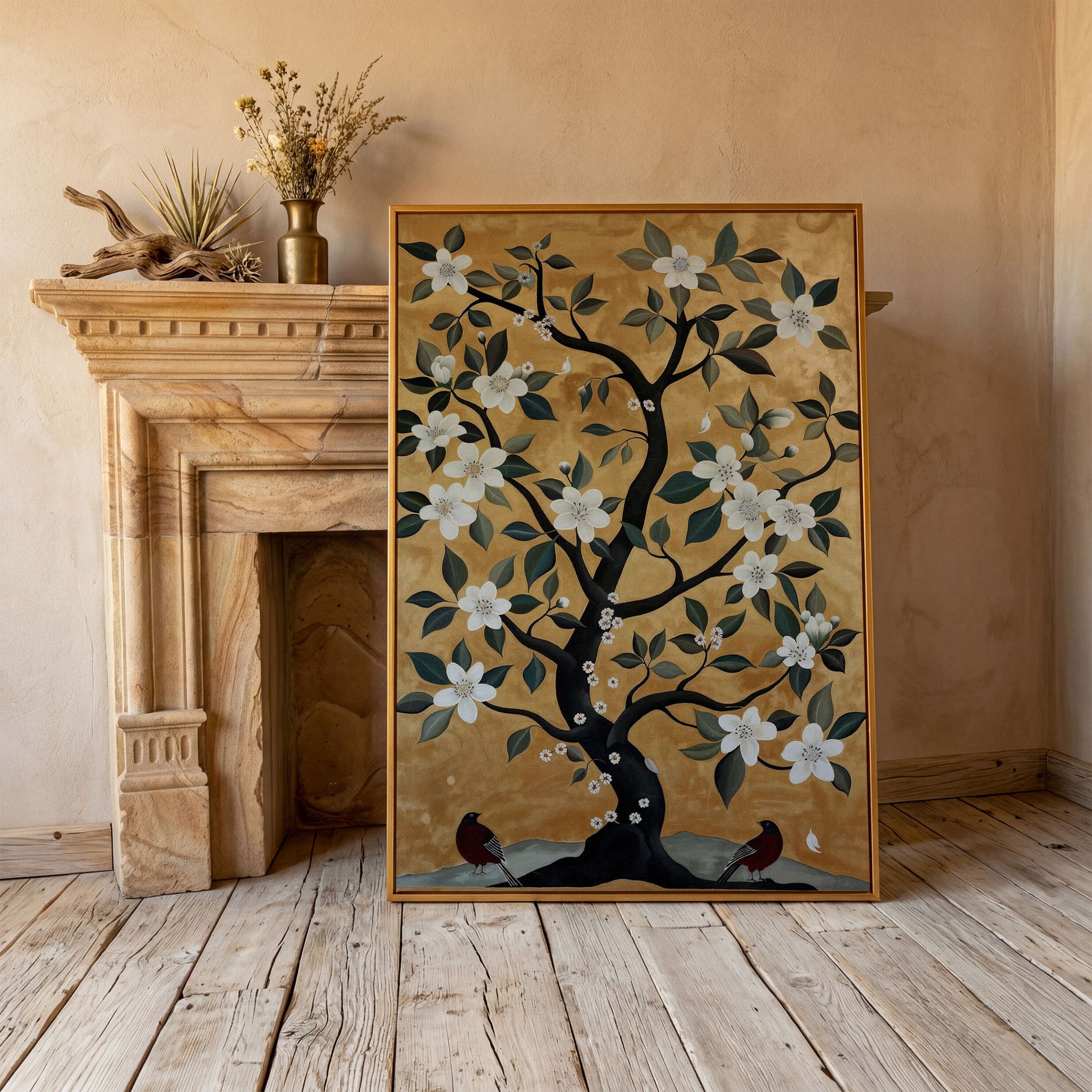 Floral Tree with Birds Canvas Art in antique gold floating frame