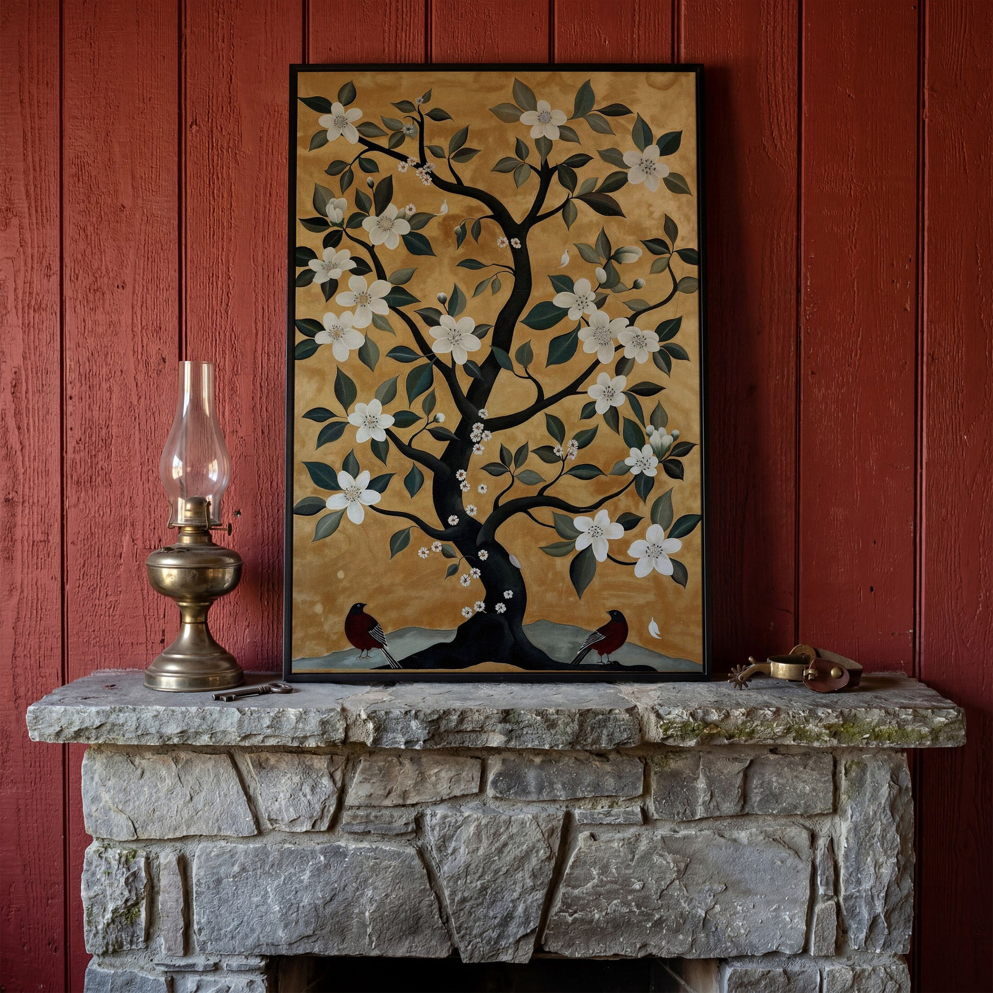 Floral Tree with Birds Canvas Art in black floating frame