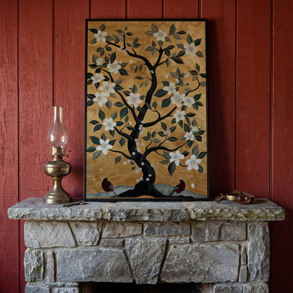 Floral Tree with Birds Canvas Art in black floating frame