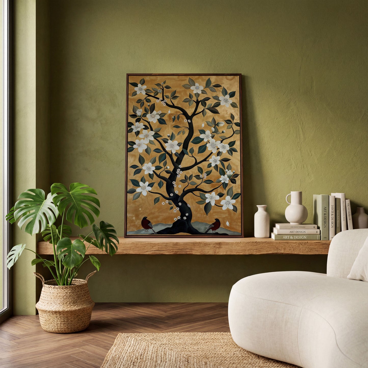 Floral Tree with Birds Canvas Art in dark walnut floating frame