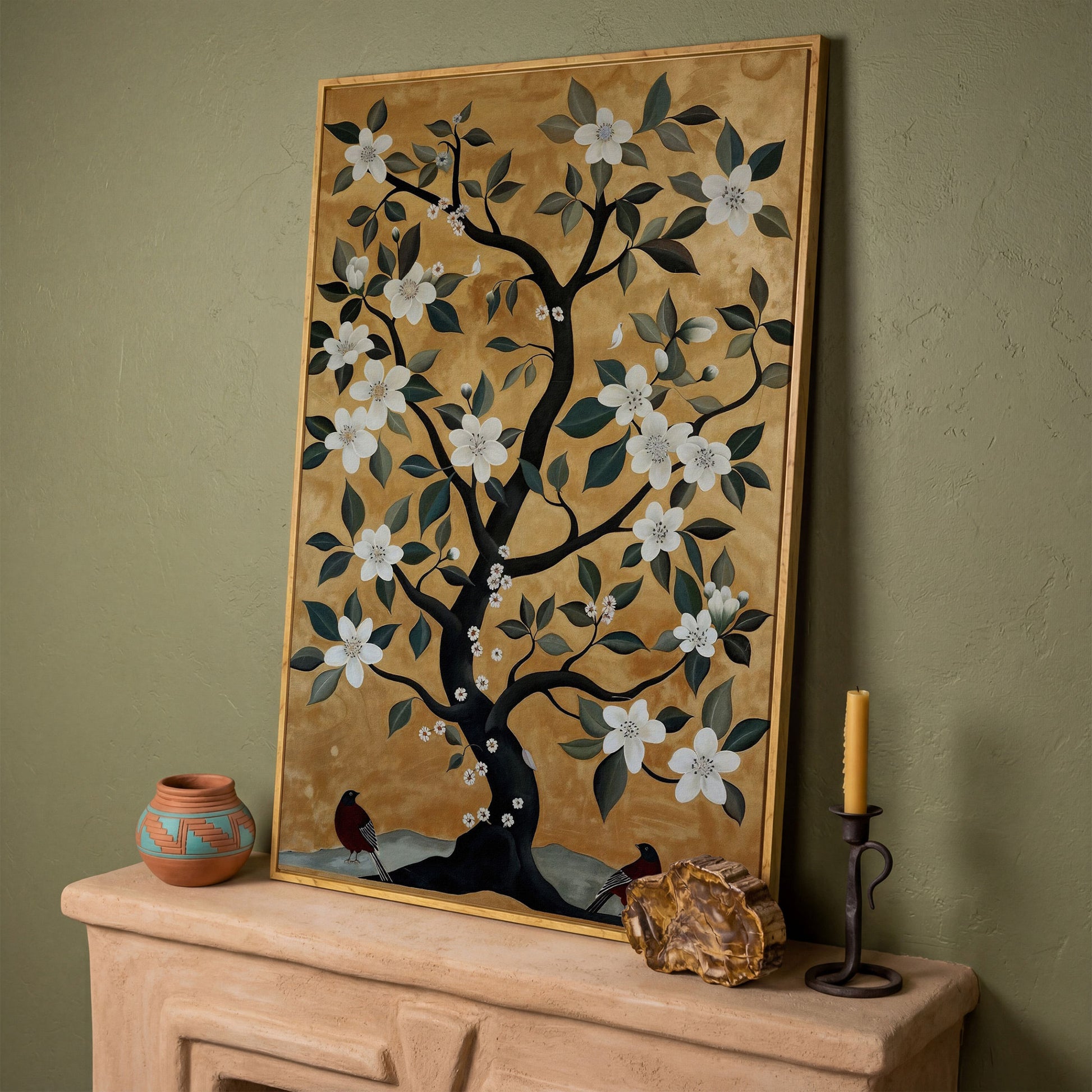 Floral Tree with Birds Canvas Art in white oak floating frame