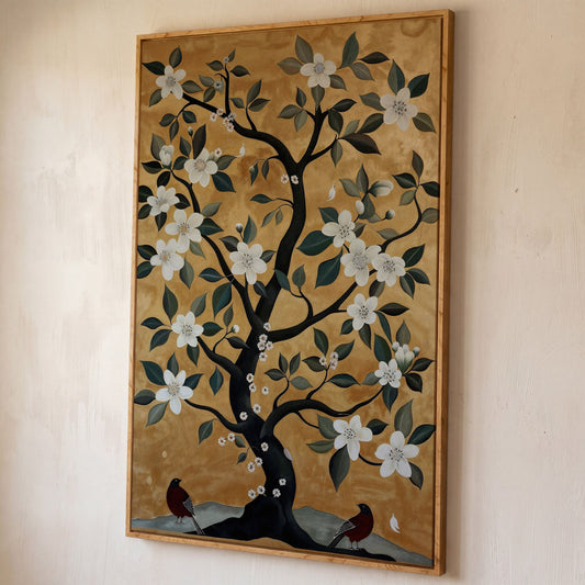 Floral Tree with Birds Canvas Art shown in white oak floating frame