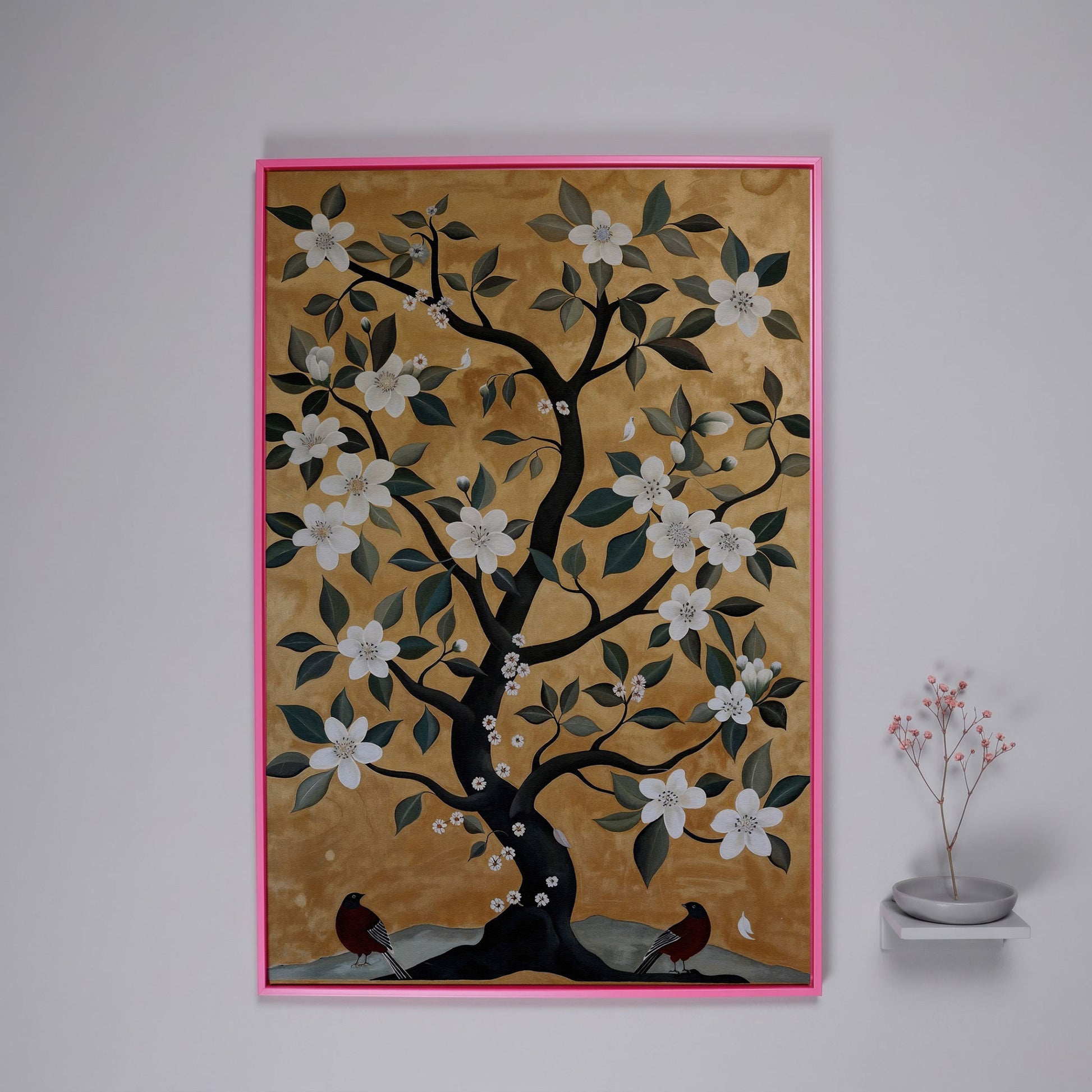 Floral Tree with Birds Canvas Art in pink floating frame