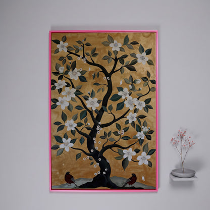 Floral Tree with Birds Canvas Art in pink floating frame