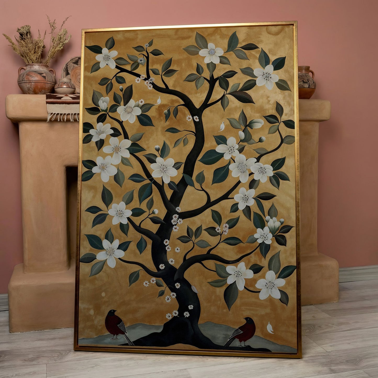 Floral Tree with Birds Canvas Art in rose gold floating frame