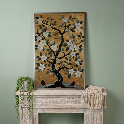 Floral Tree with Birds Canvas Art in silver floating frame