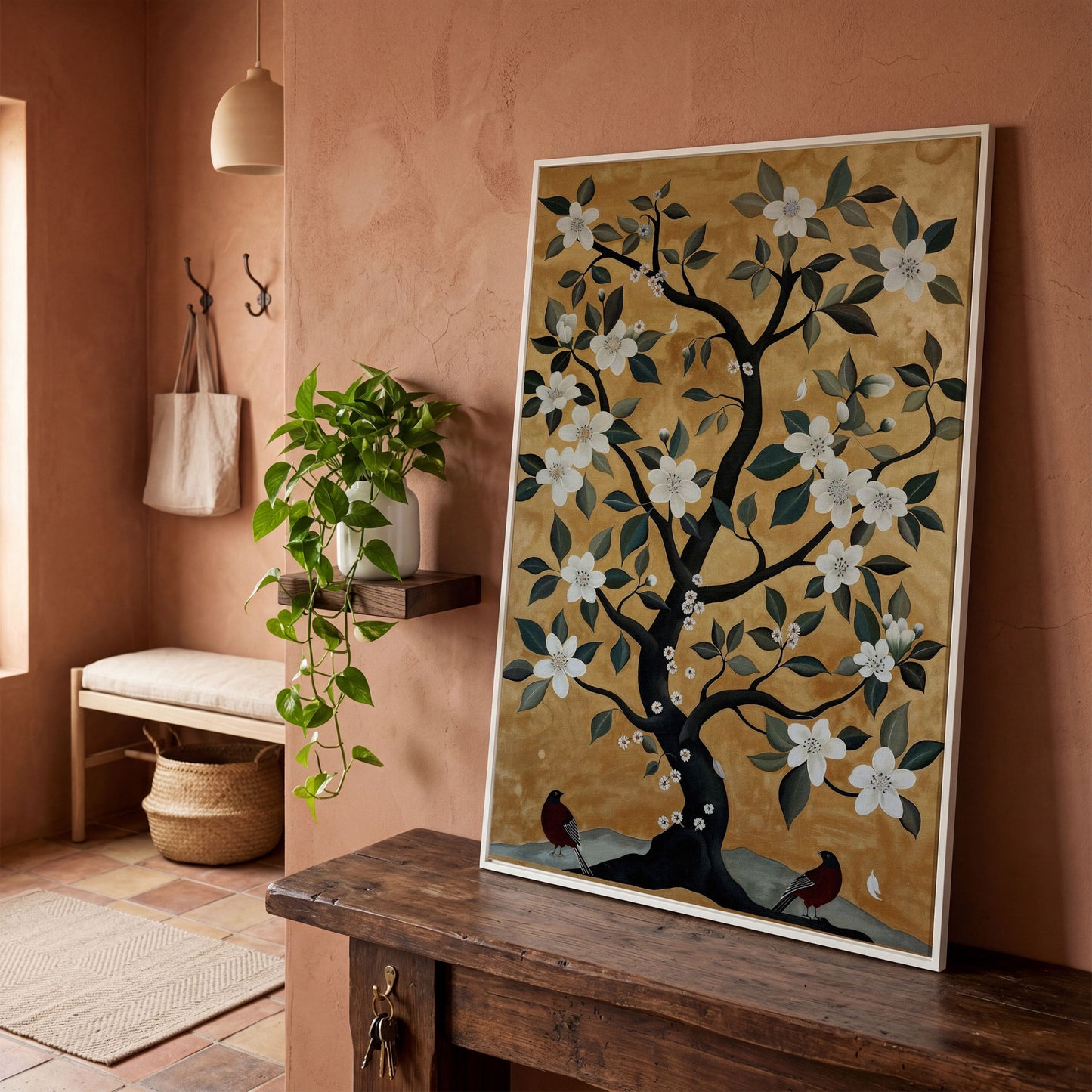 Floral Tree with Birds Canvas Art in white floating frame