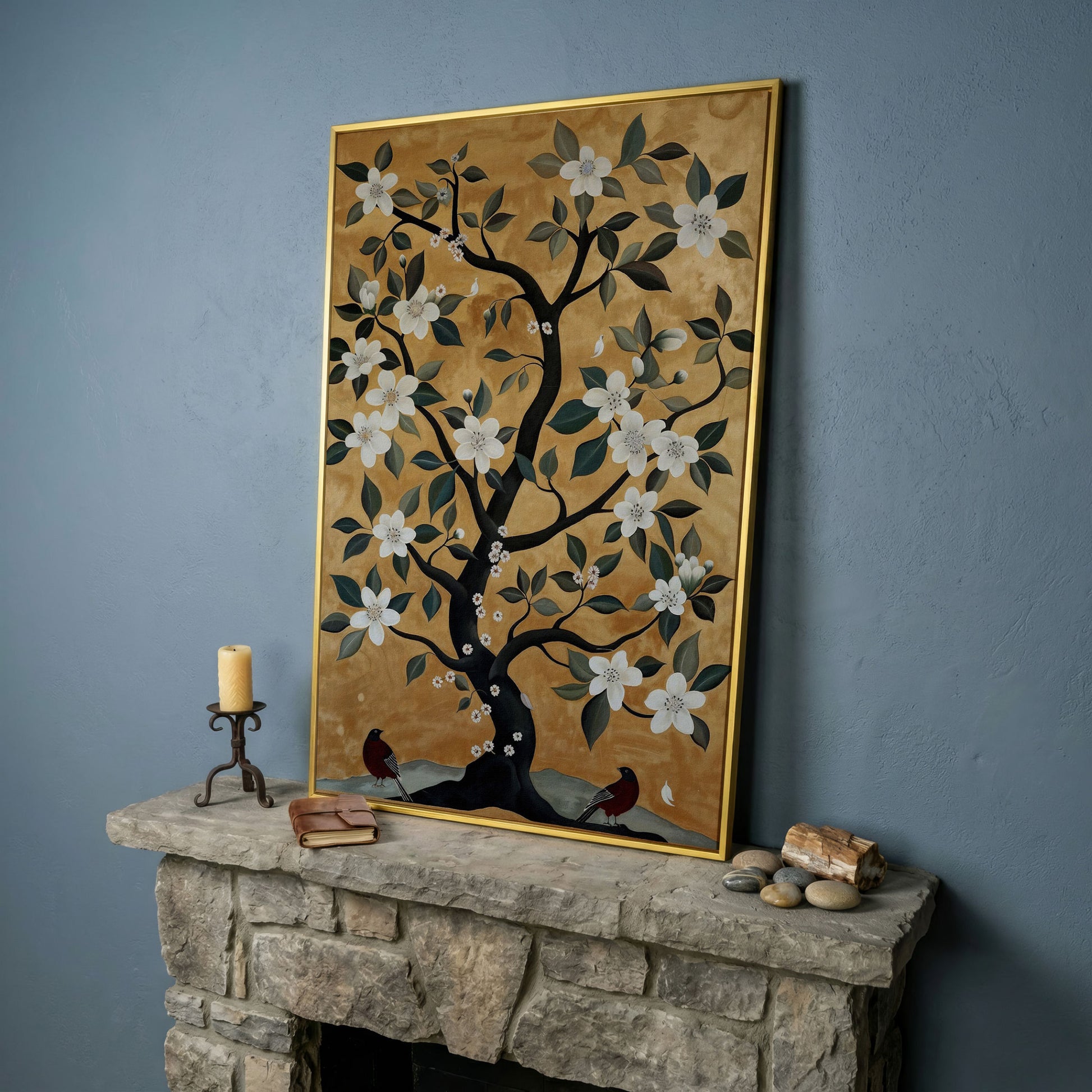 Floral Tree with Birds Canvas Art in yellow gold floating frame