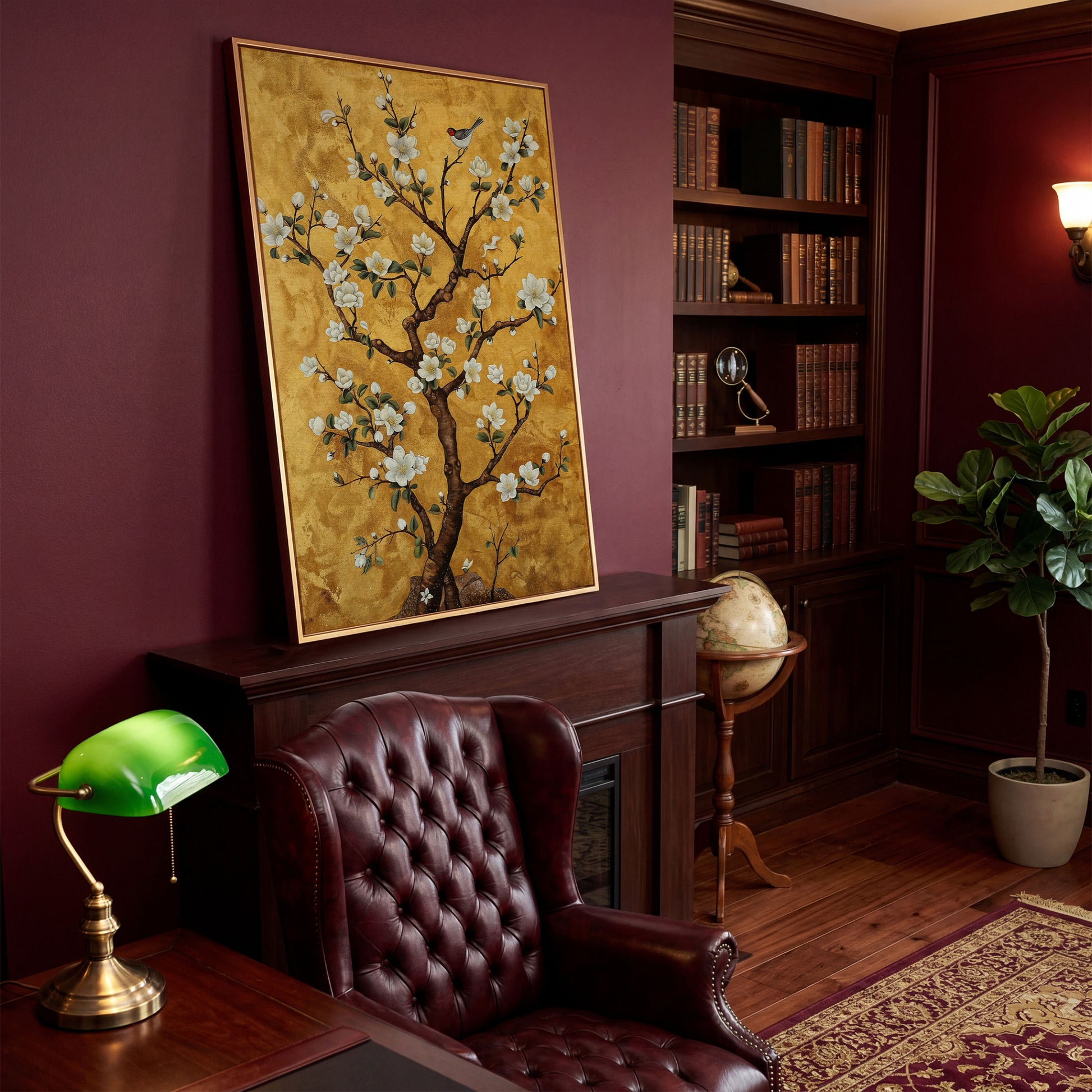 Magnolia Tree with Bird Canvas Wall Art in antique gold floating frame