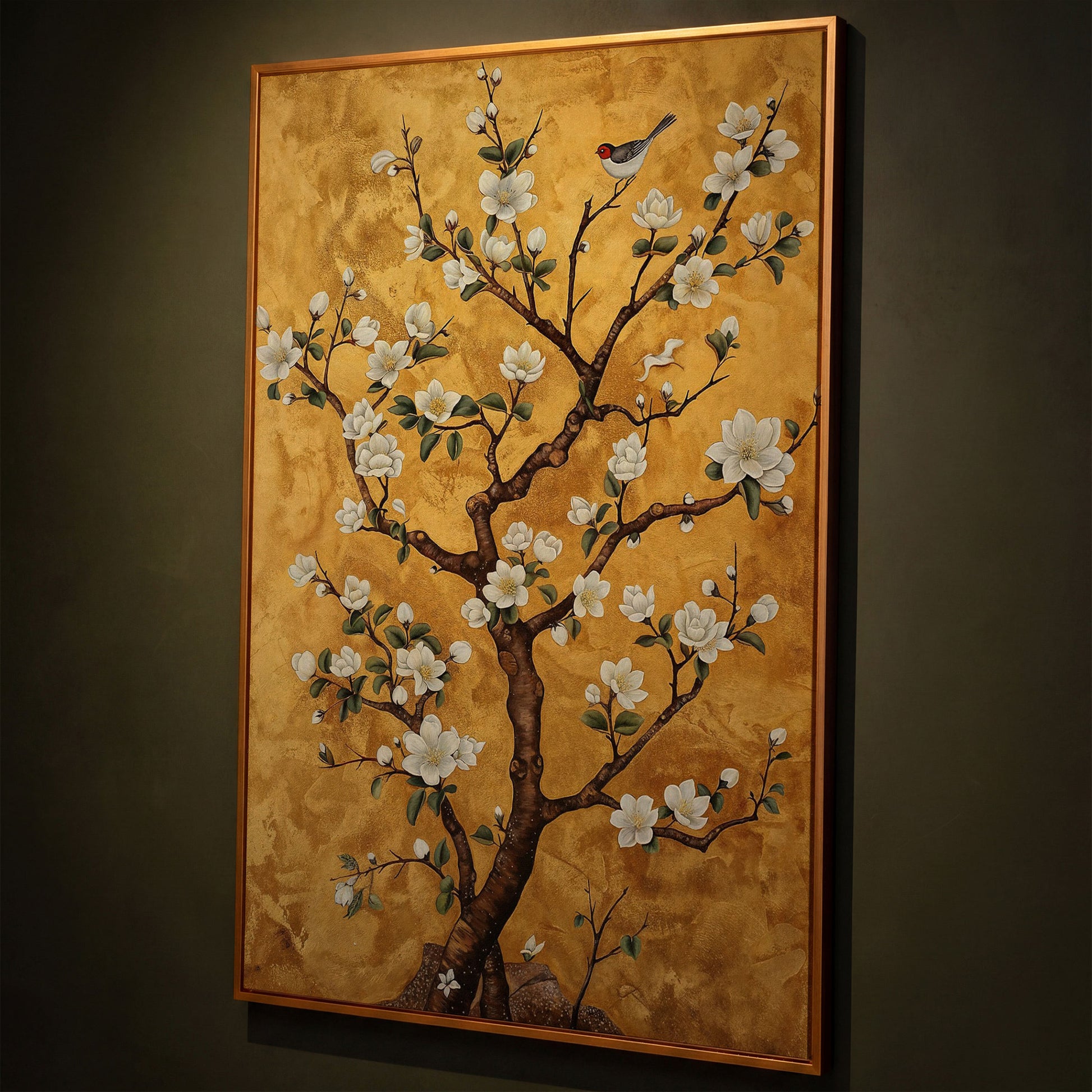 Magnolia Tree with Bird Canvas Wall Art shown in antique gold floating frame