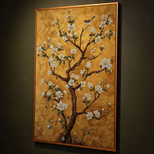 Magnolia Tree with Bird Canvas Wall Art shown in antique gold floating frame
