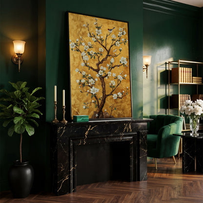 Magnolia Tree with Bird Canvas Wall Art in black floating frame