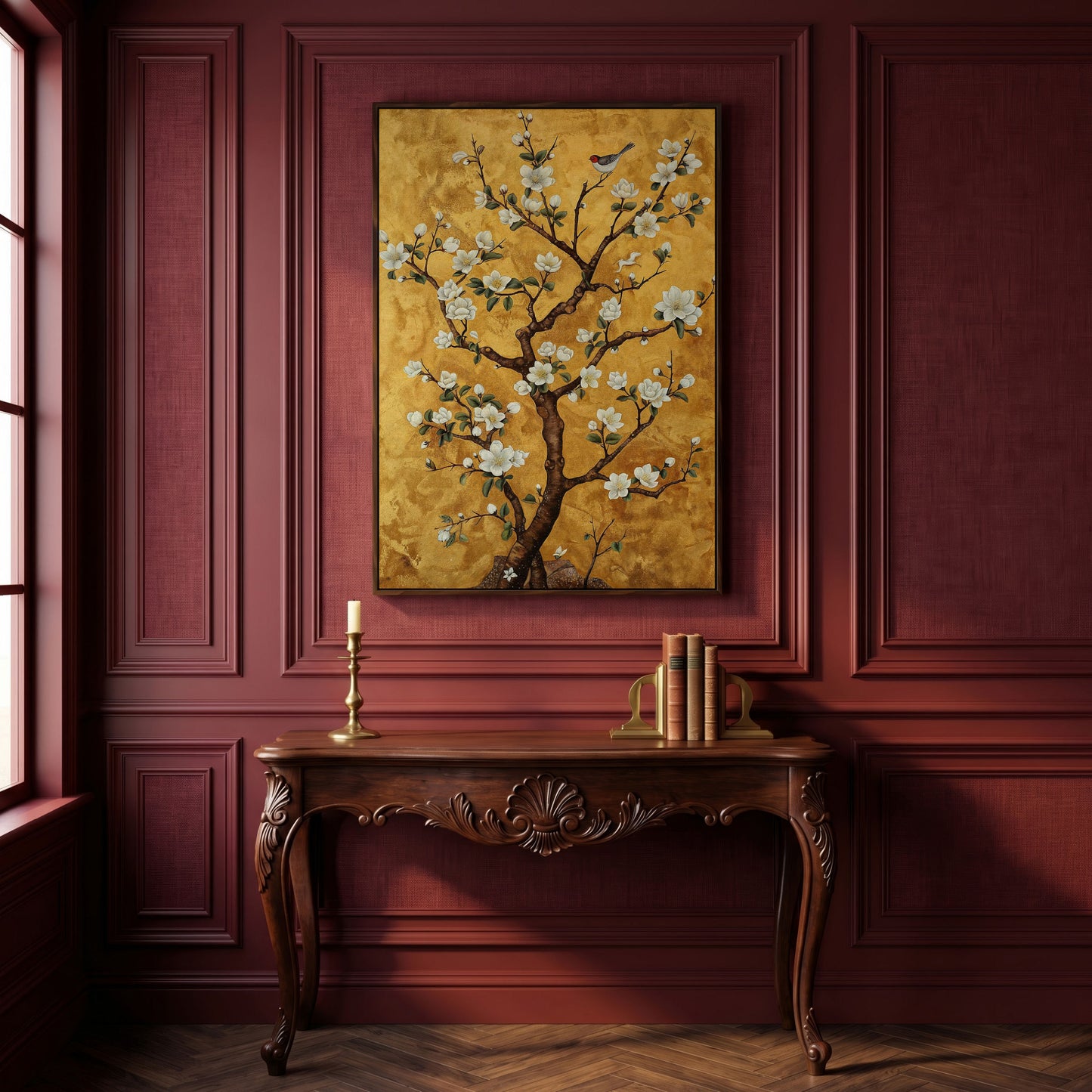 Magnolia Tree with Bird Canvas Wall Art in dark walnut floating frame