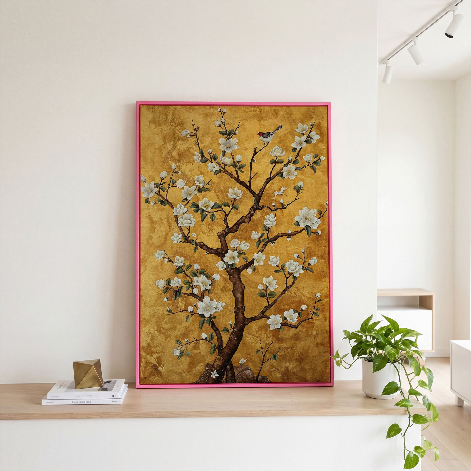 Magnolia Tree with Bird Canvas Wall Art in pink floating frame