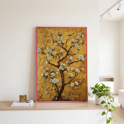 Magnolia Tree with Bird Canvas Wall Art in pink floating frame