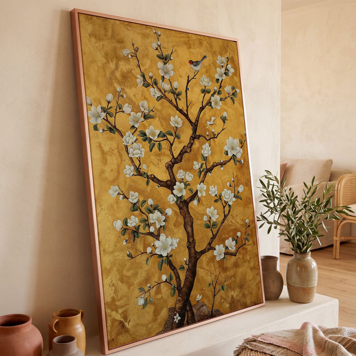 Magnolia Tree with Bird Canvas Wall Art in rose gold floating frame