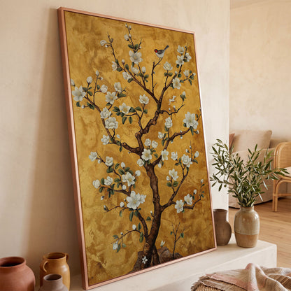 Magnolia Tree with Bird Canvas Wall Art in rose gold floating frame