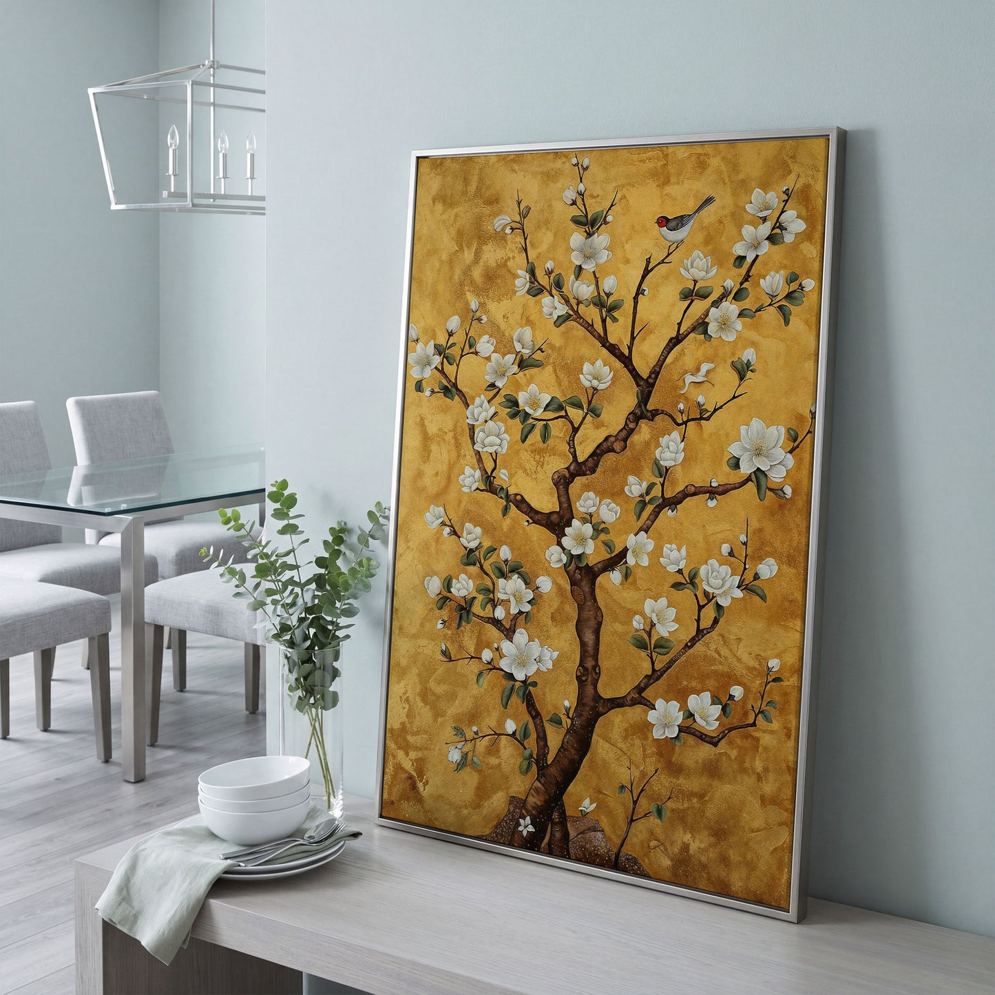 Magnolia Tree with Bird Canvas Wall Art in silver floating frame