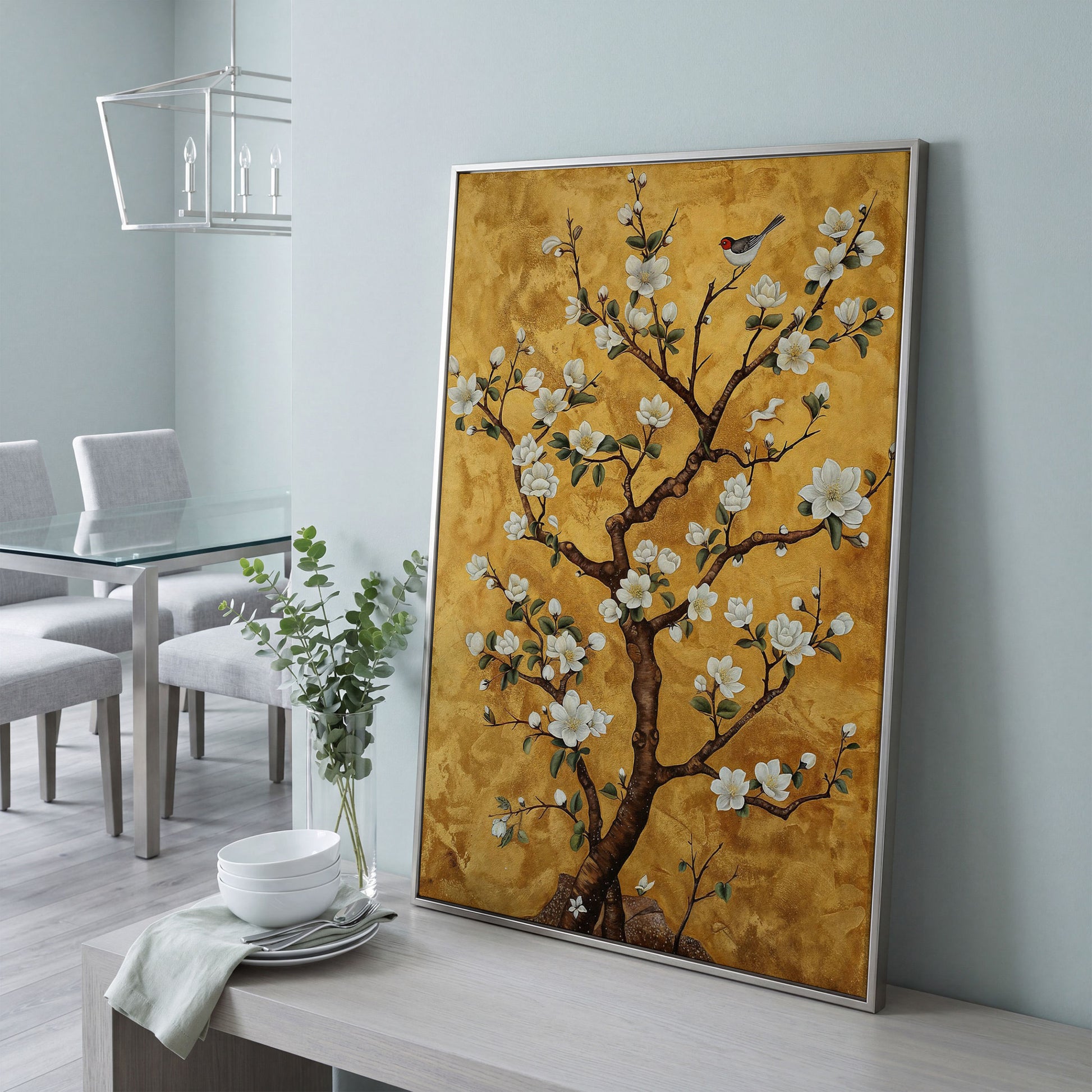 Magnolia Tree with Bird Canvas Wall Art in silver floating frame