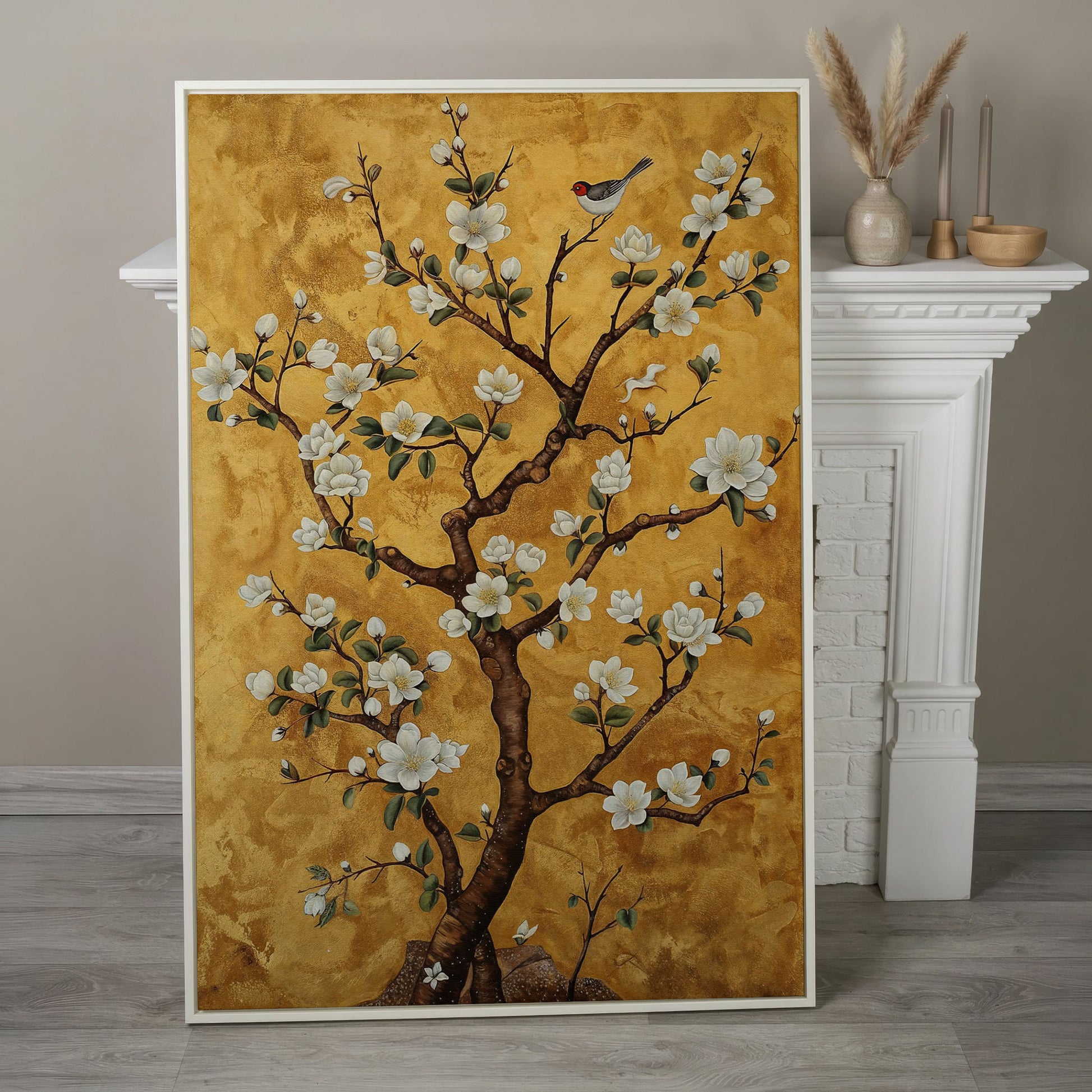 Magnolia Tree with Bird Canvas Wall Art in white floating frame