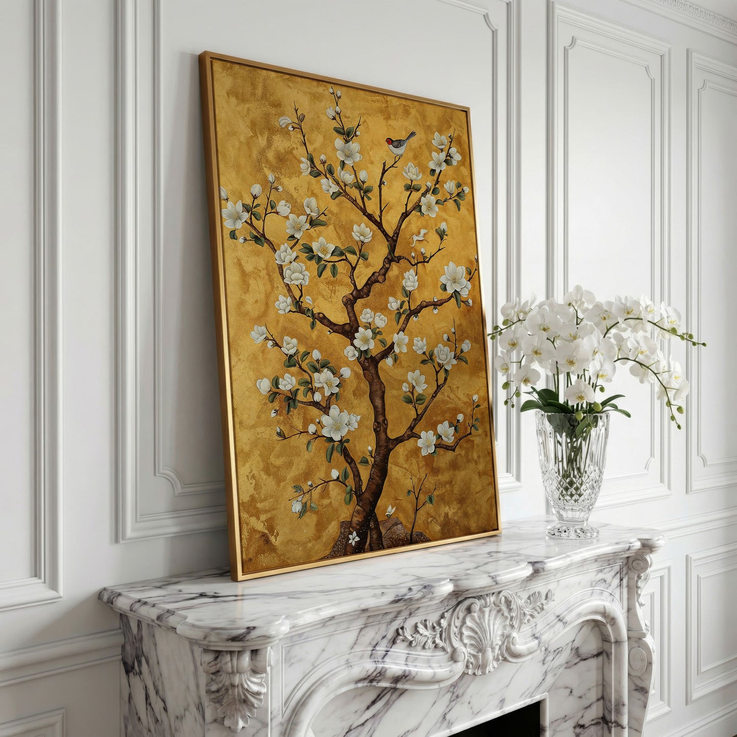 Magnolia Tree with Bird Canvas Wall Art in yellow gold floating frame