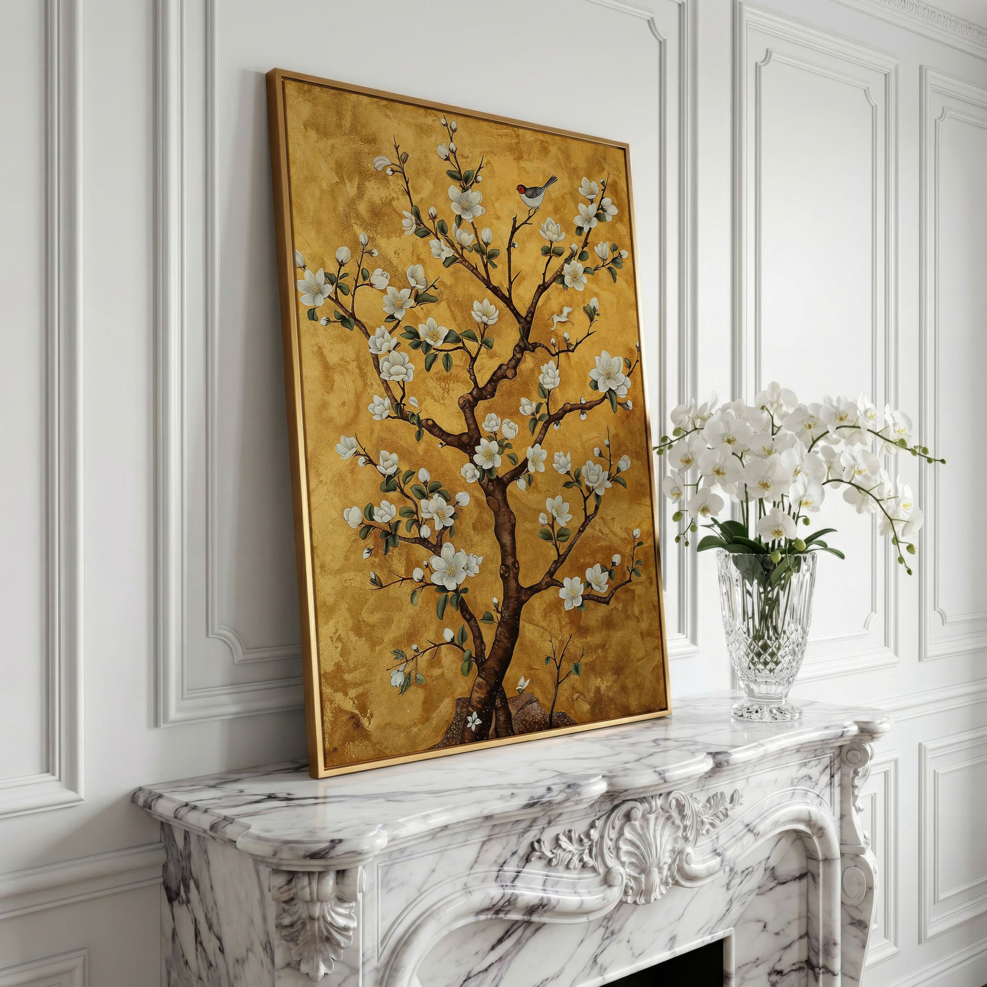Magnolia Tree with Bird Canvas Wall Art in yellow gold floating frame