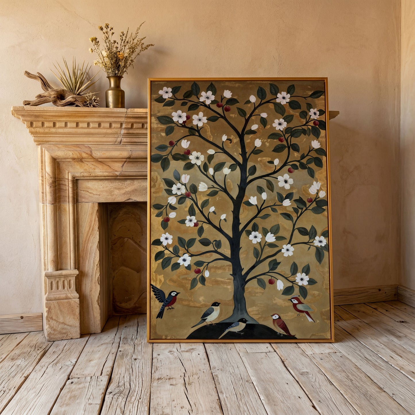 Tree of Life with Birds Canvas Print in antique gold floating frame