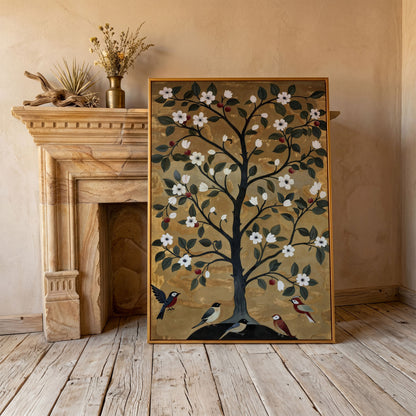 Tree of Life with Birds Canvas Print in antique gold floating frame