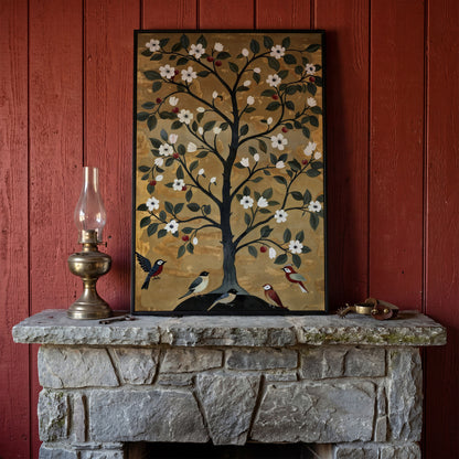 Tree of Life with Birds Canvas Print in black floating frame