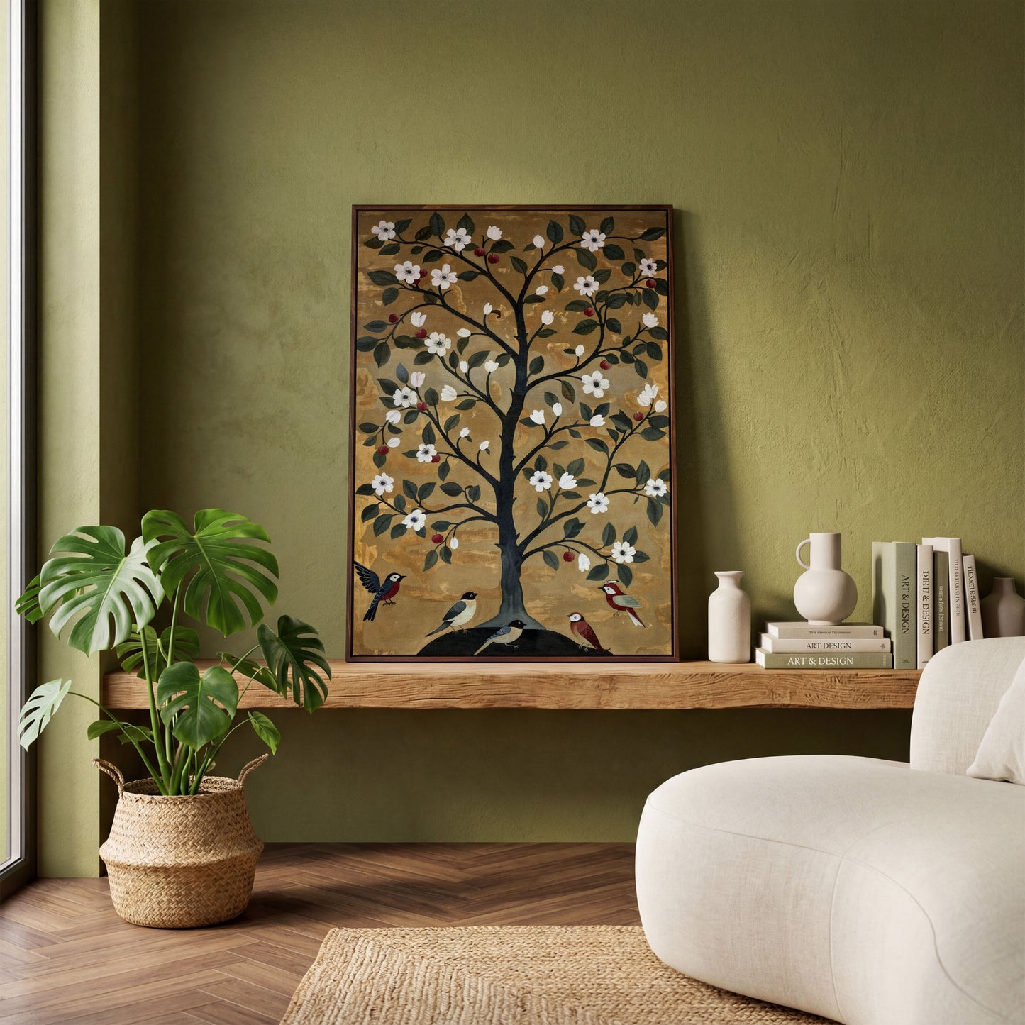 Tree of Life with Birds Canvas Print in dark walnut floating frame