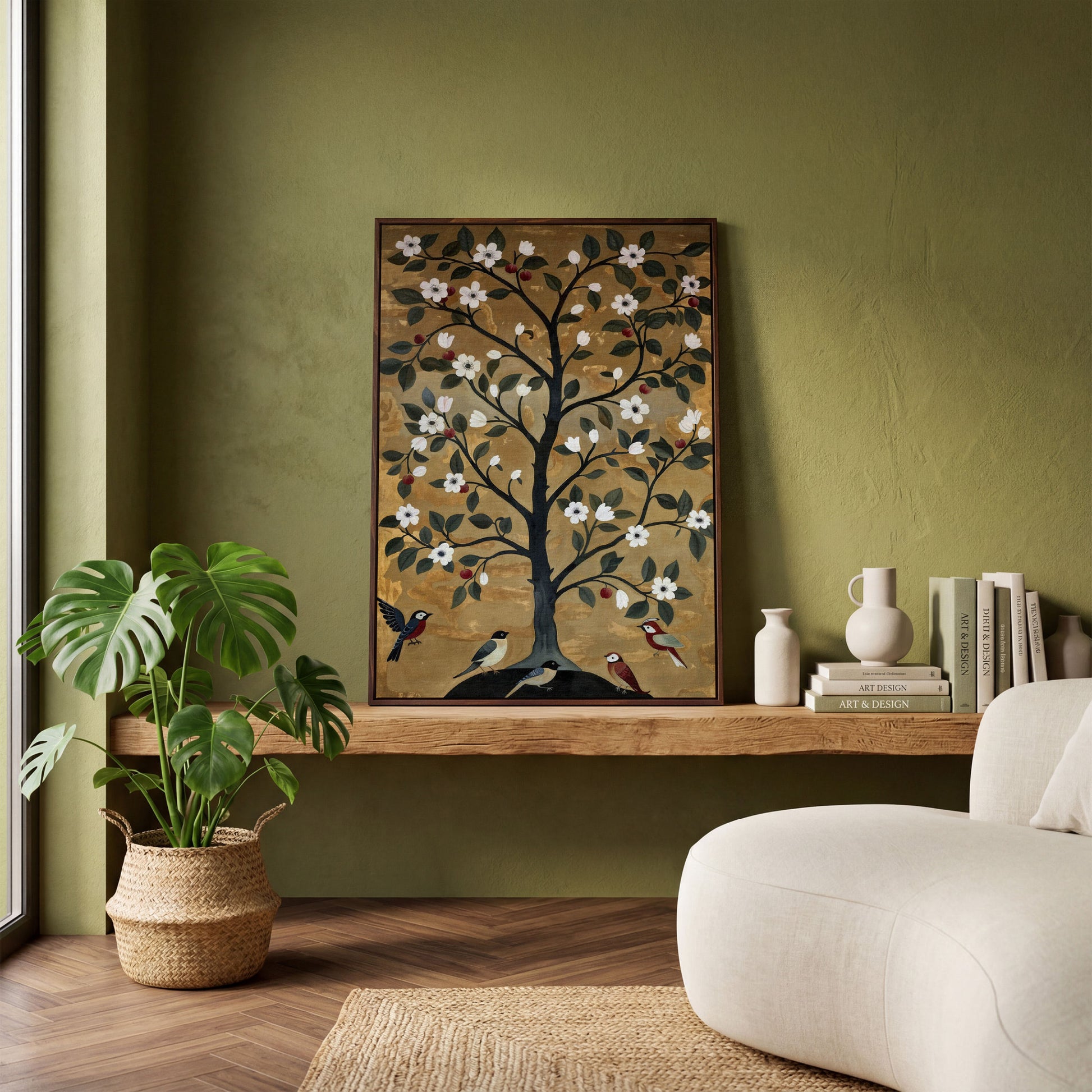 Tree of Life with Birds Canvas Print in dark walnut floating frame