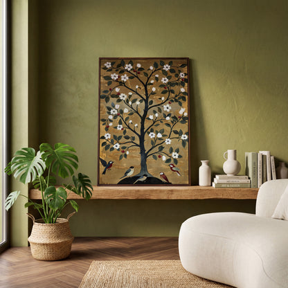 Tree of Life with Birds Canvas Print in dark walnut floating frame