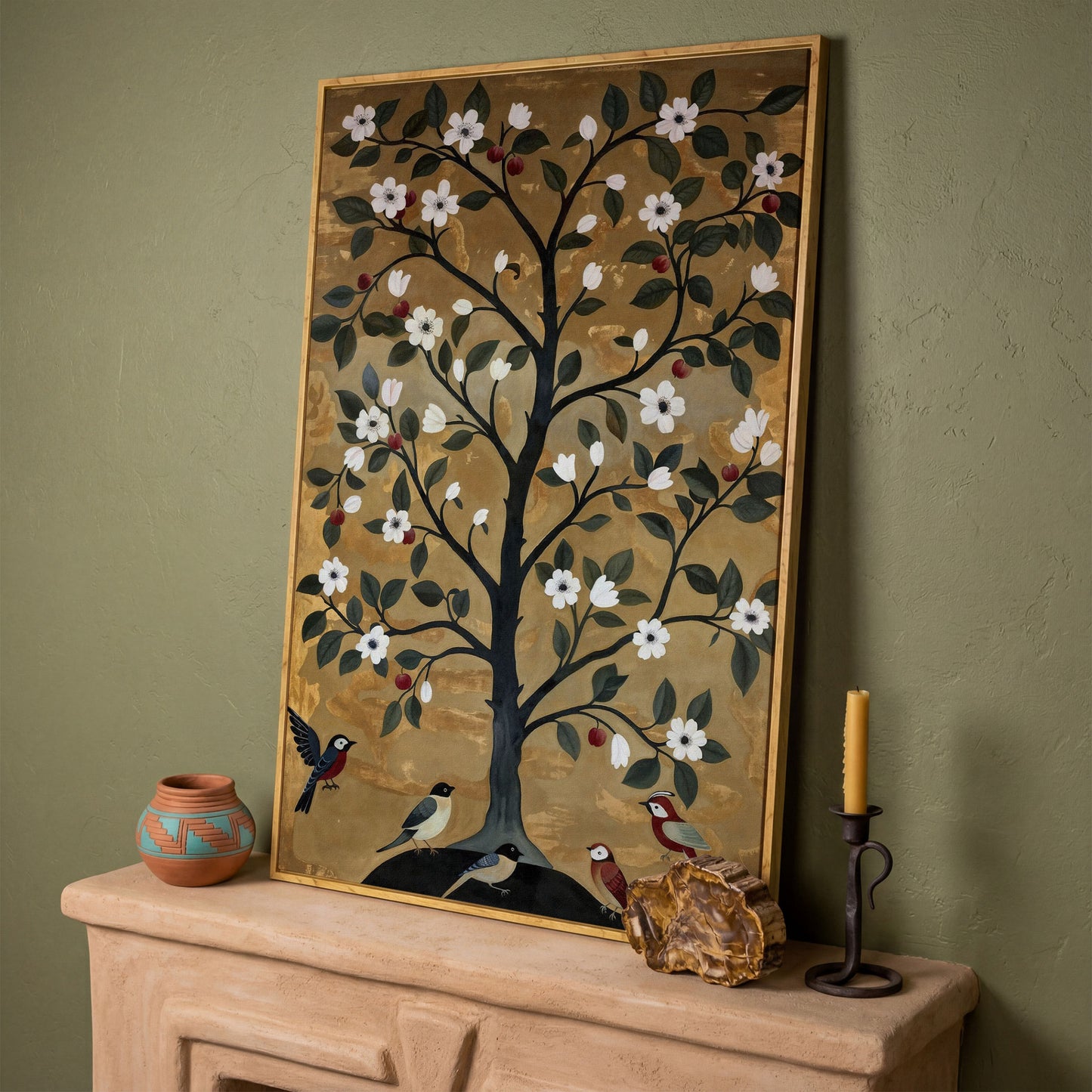 Tree of Life with Birds Canvas Print in white oak floating frame