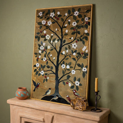 Tree of Life with Birds Canvas Print in white oak floating frame