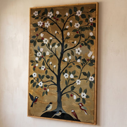 Tree of Life with Birds Canvas Print shown in white oak floating frame