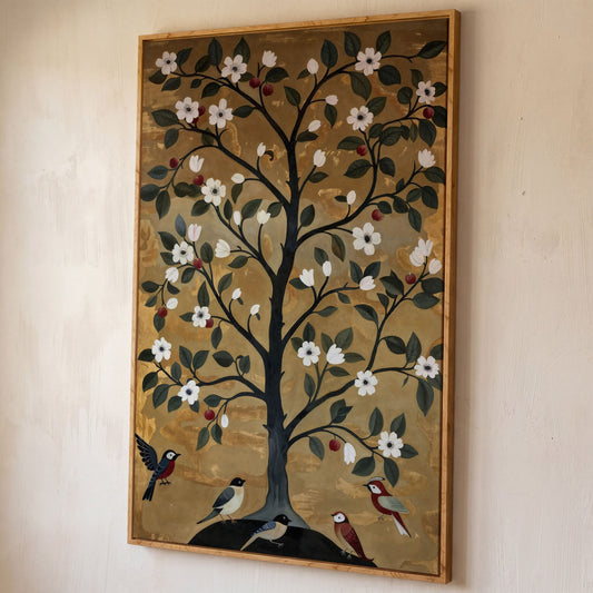 Tree of Life with Birds Canvas Print shown in white oak floating frame