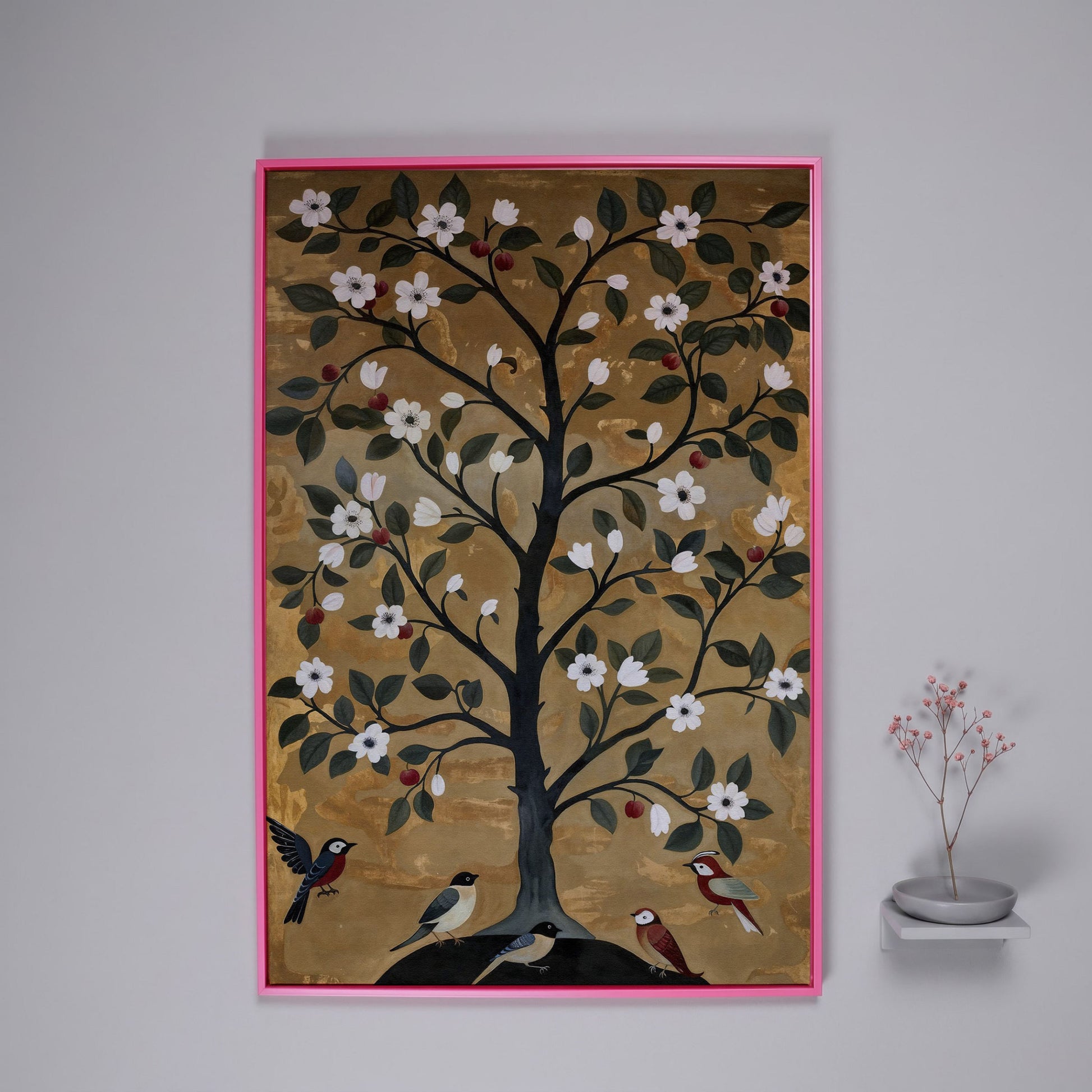 Tree of Life with Birds Canvas Print in pink floating frame