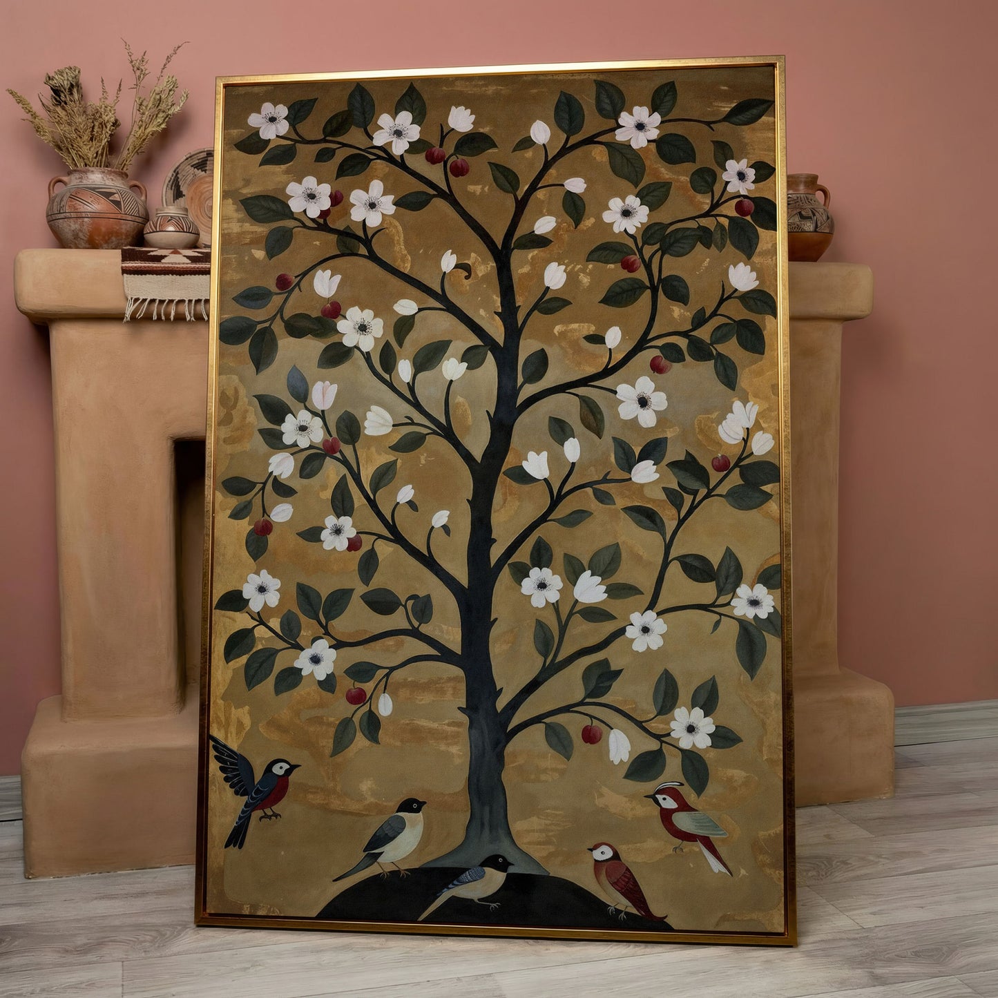 Tree of Life with Birds Canvas Print in rose gold floating frame