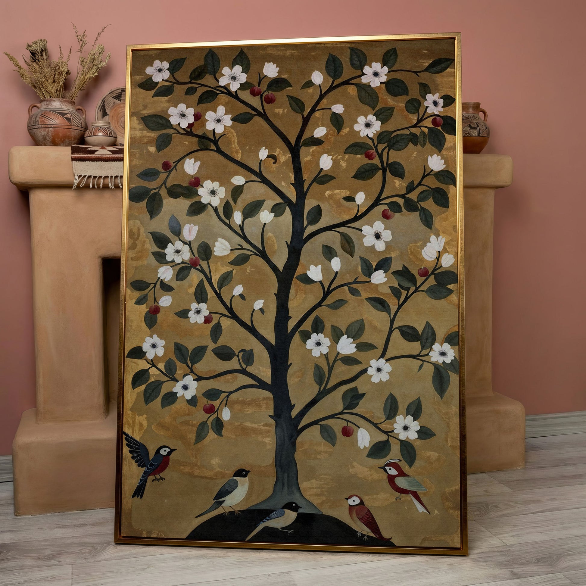 Tree of Life with Birds Canvas Print in rose gold floating frame