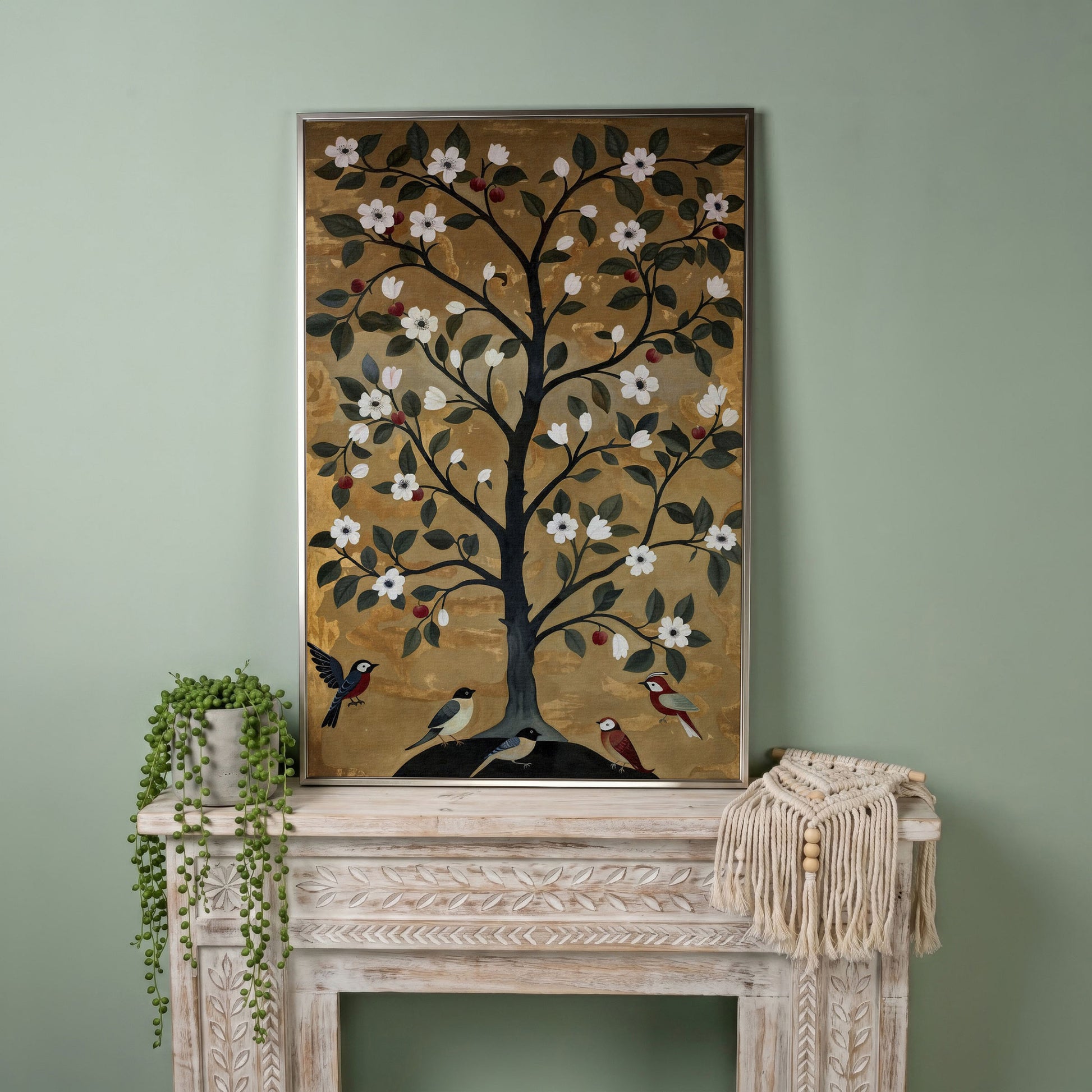 Tree of Life with Birds Canvas Print in silver floating frame