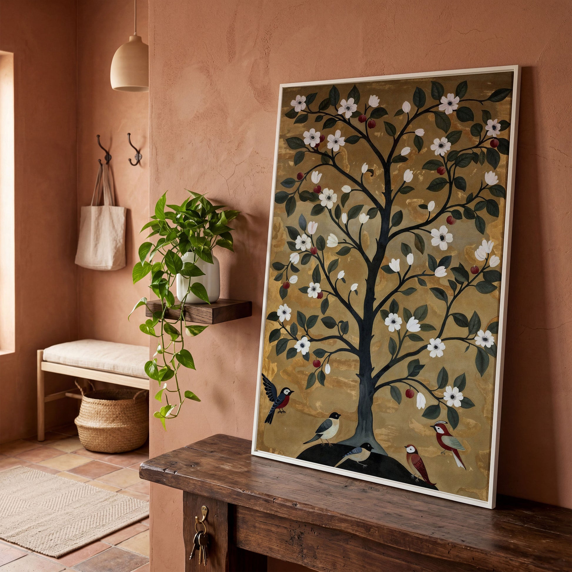 Tree of Life with Birds Canvas Print in white floating frame
