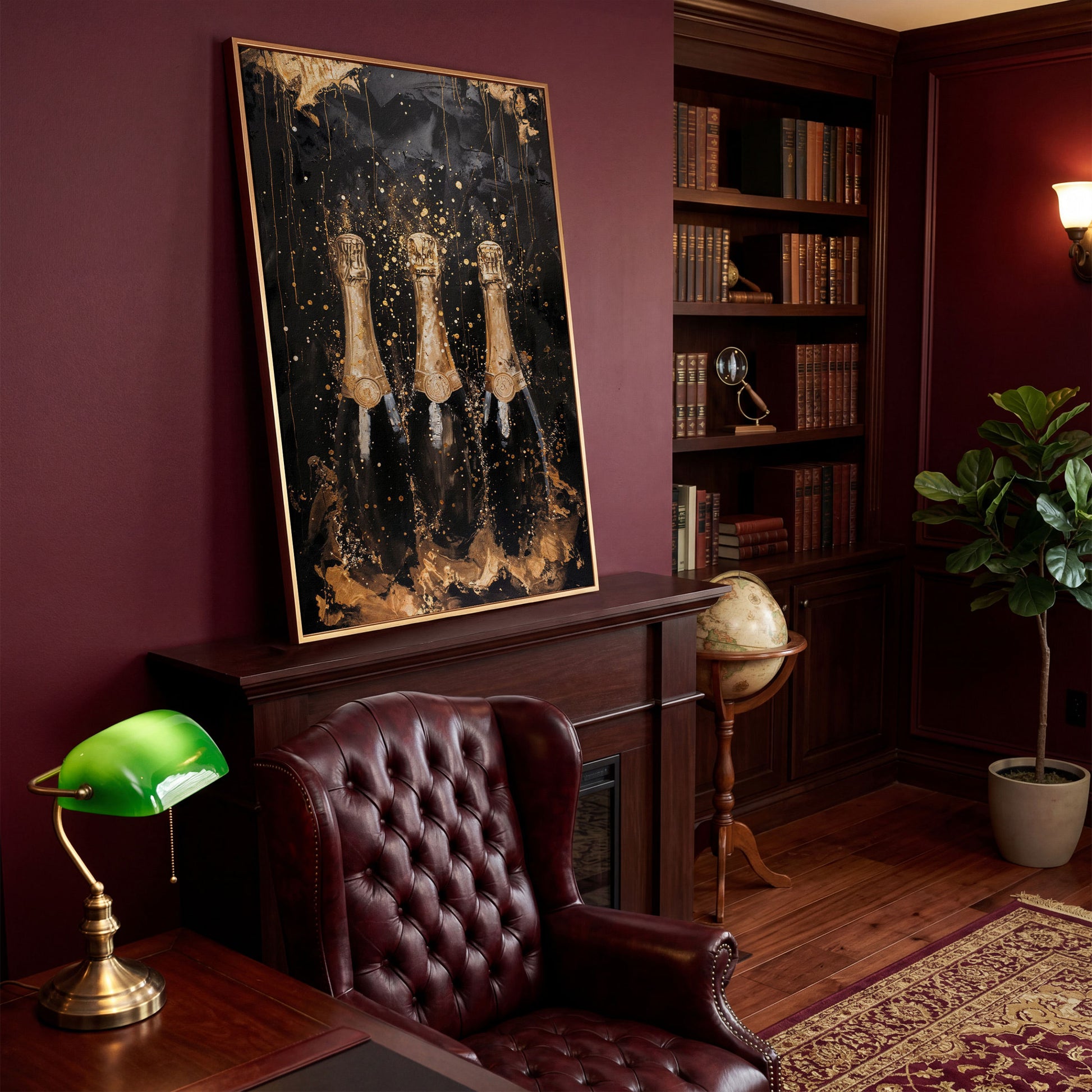 Champagne Trio Canvas Print, Black and Gold in antique gold floating frame