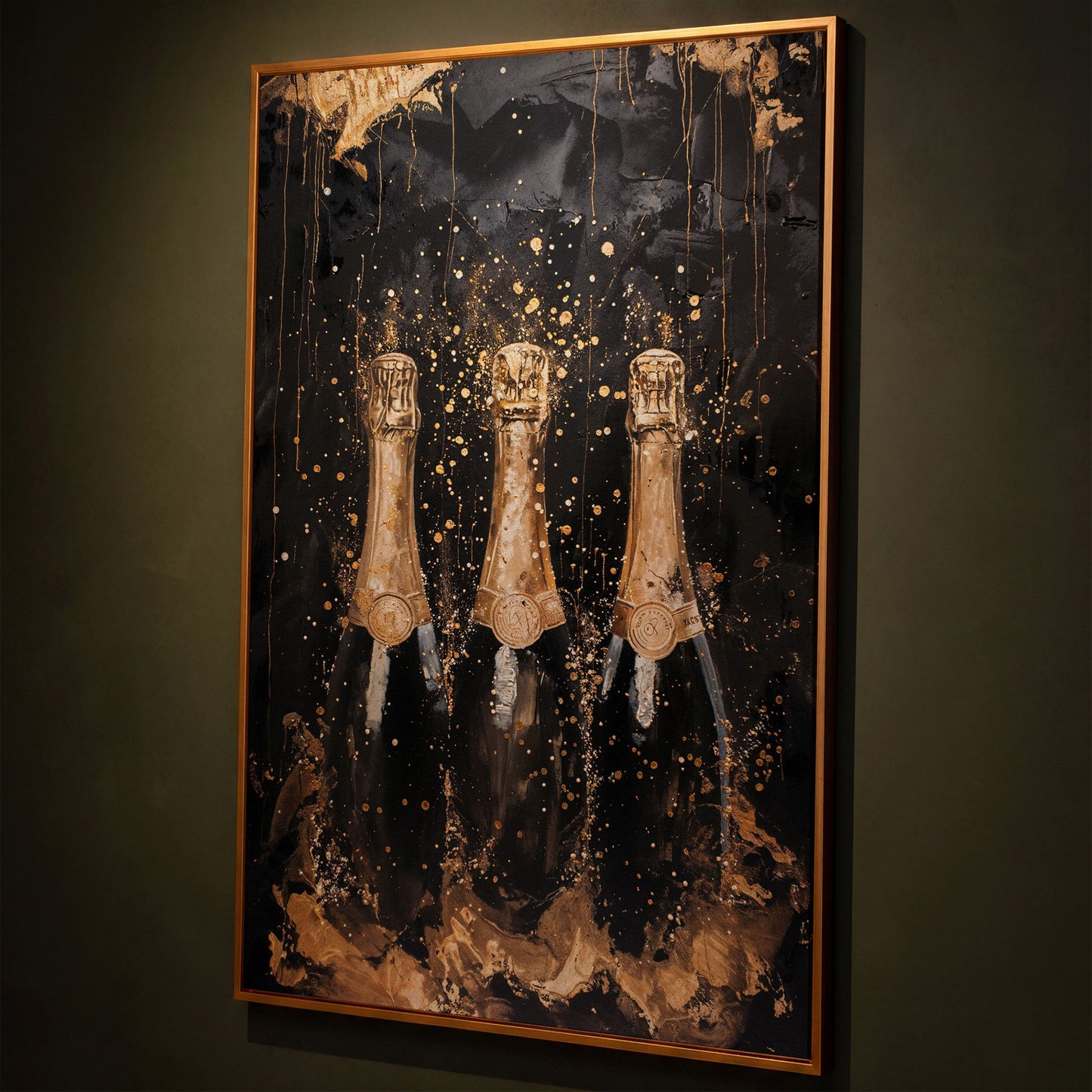 Champagne Trio Canvas Print, Black and Gold shown in antique gold floating frame