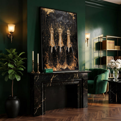 Champagne Trio Canvas Print, Black and Gold in black floating frame