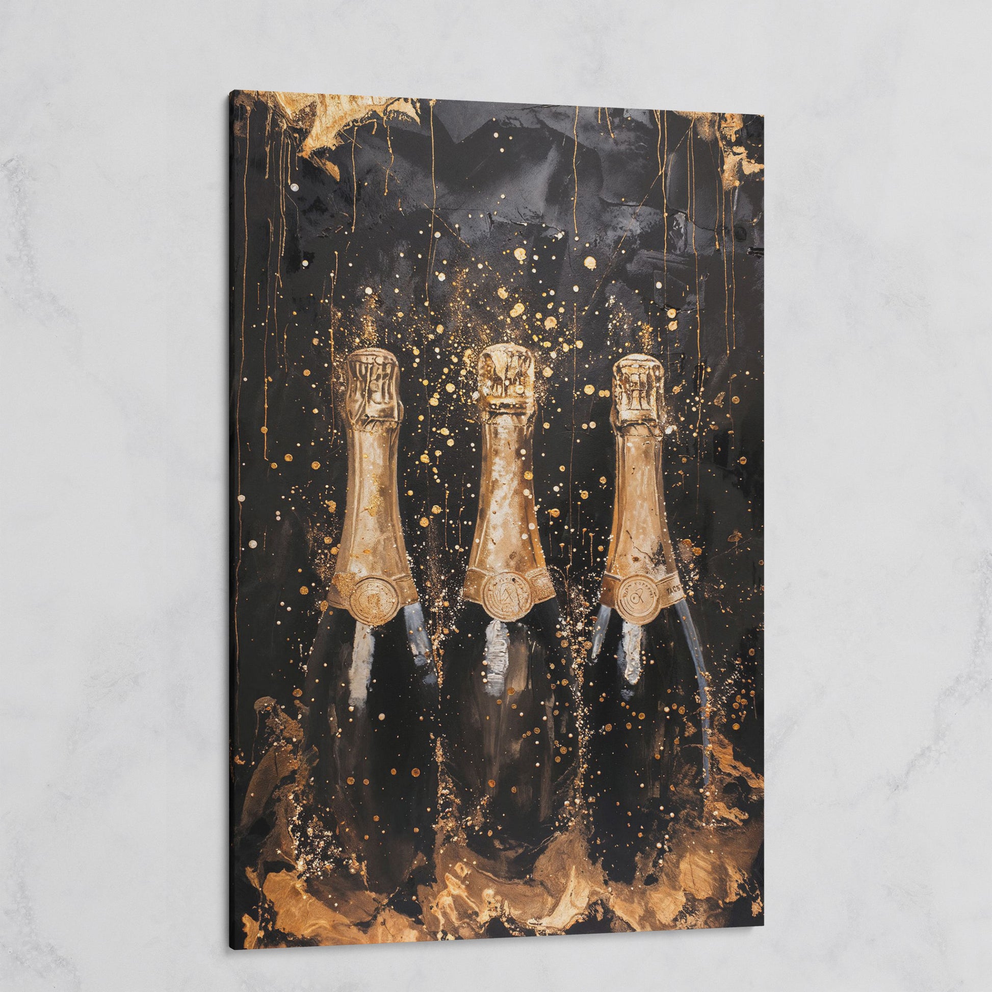 Champagne Trio Canvas Print, Black and Gold on gallery wrap