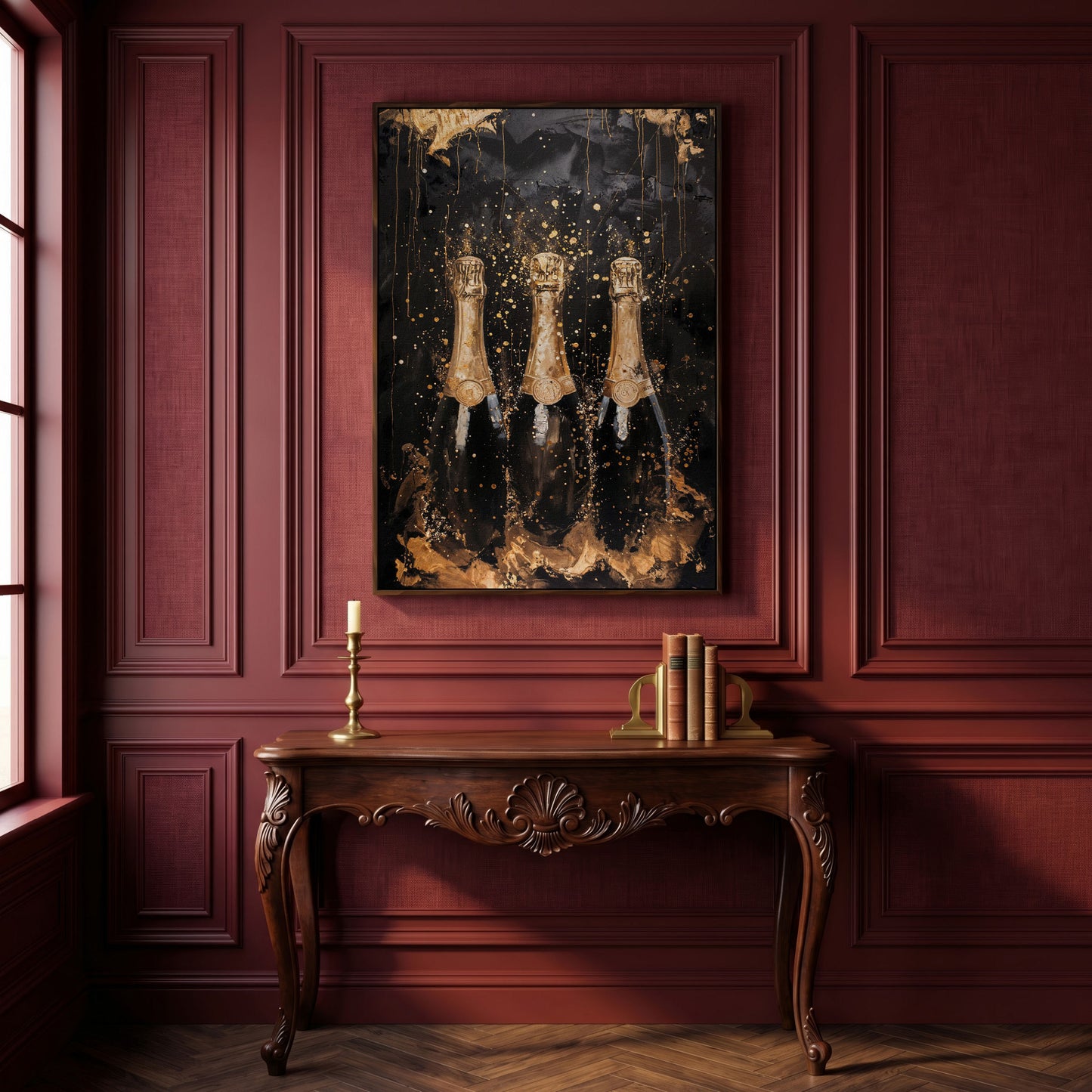 Champagne Trio Canvas Print, Black and Gold in dark walnut floating frame