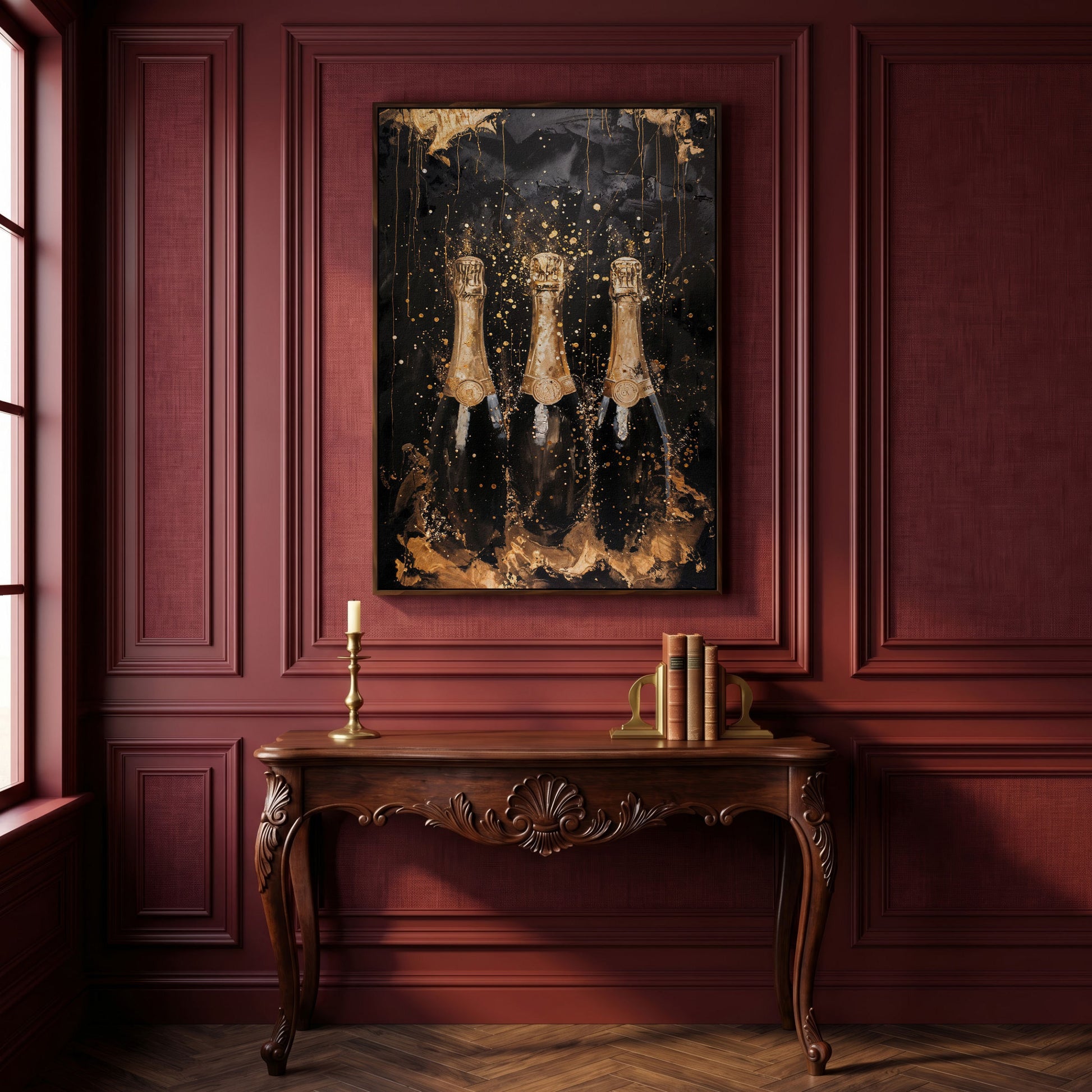 Champagne Trio Canvas Print, Black and Gold in dark walnut floating frame
