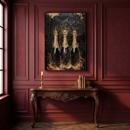 Champagne Trio Canvas Print, Black and Gold in dark walnut floating frame