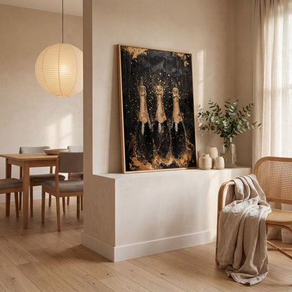 Champagne Trio Canvas Print, Black and Gold in white oak floating frame
